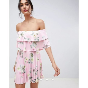 ASOS DESIGN double ruffle bardot pleated‎ mini dress size 4